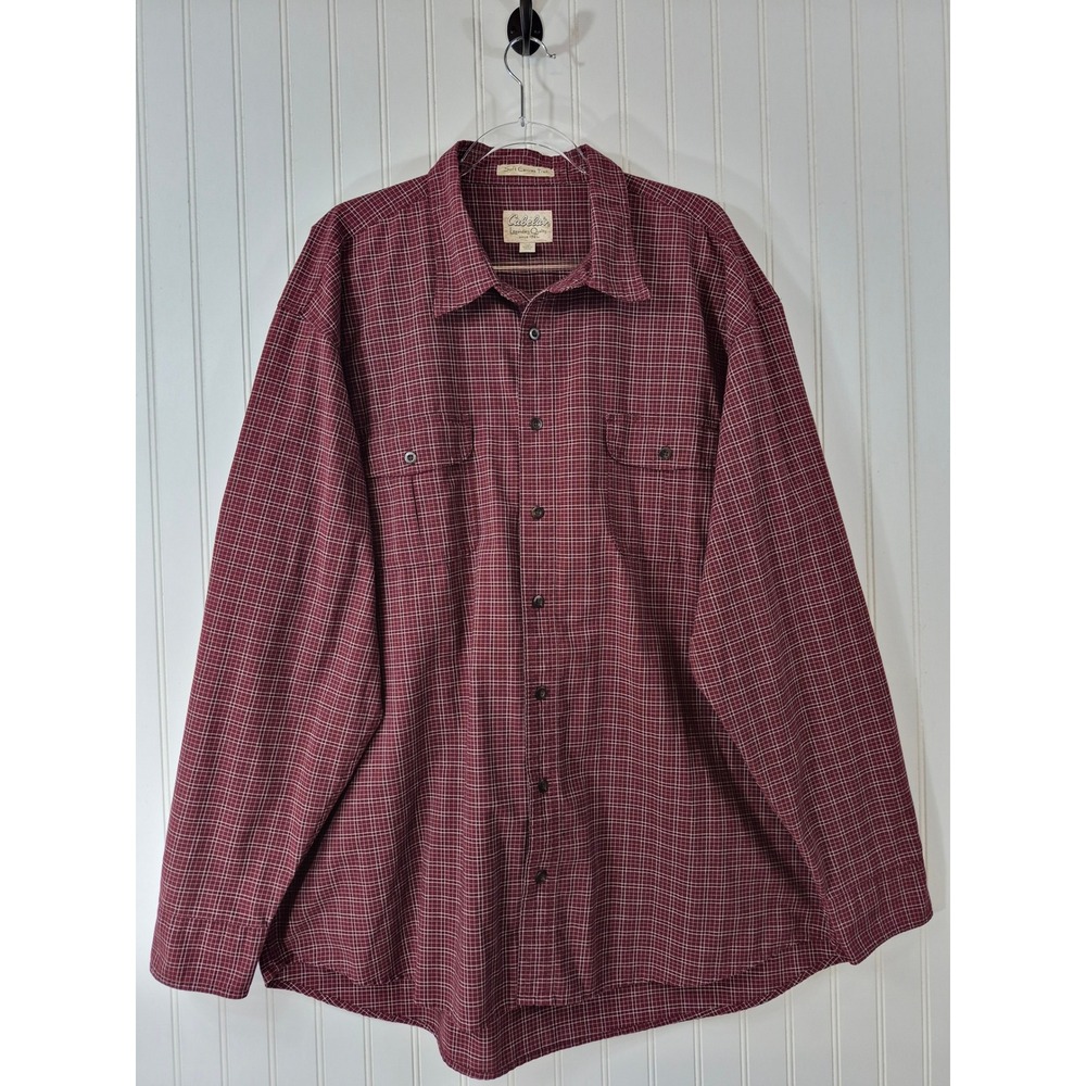 Cabelas Soft Canvas Shirt 2XL Tall Burgundy Plaid Button Down Elbow Patches